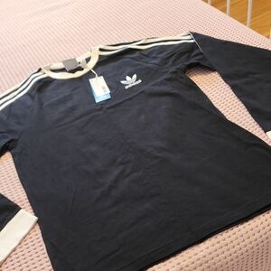 adidas Black Long Sleeve Trefoil Tee with White Stripes